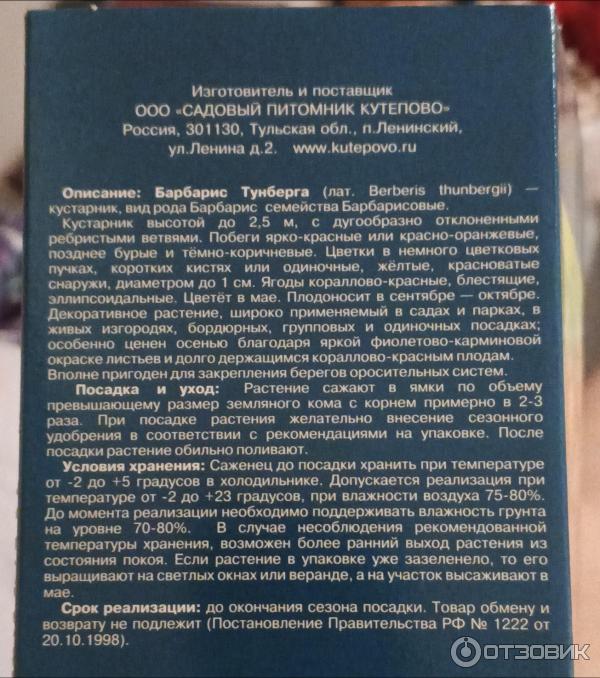 Отзыв о Саженцы Садовый питомник Кутепово "Барбарис Тунберга ...